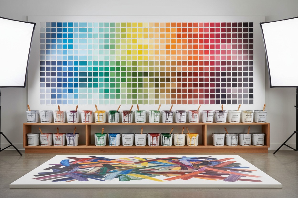 A large color swatch grid hangs on a wall above shelves of paint buckets and a canvas covered in abstract brushstrokes, flanked by two studio lights.